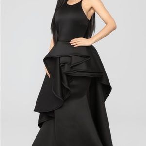black maxi ruffled prom dress